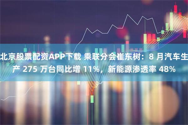 北京股票配资APP下载 乘联分会崔东树：8 月汽车生产 275 万台同比增 11%，新能源渗透率 48%